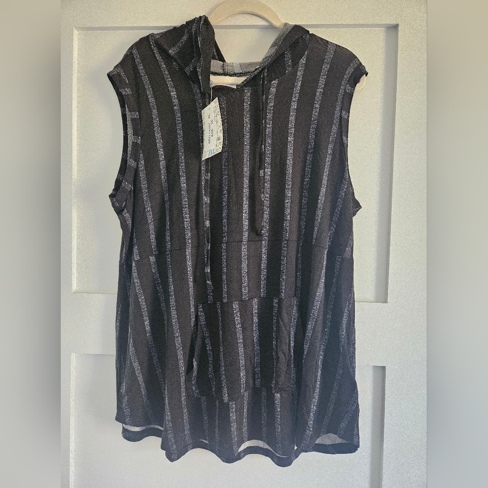 Lularoe Size XL: Striped Black and Gray Sleeveless Brittany Hoodie Top